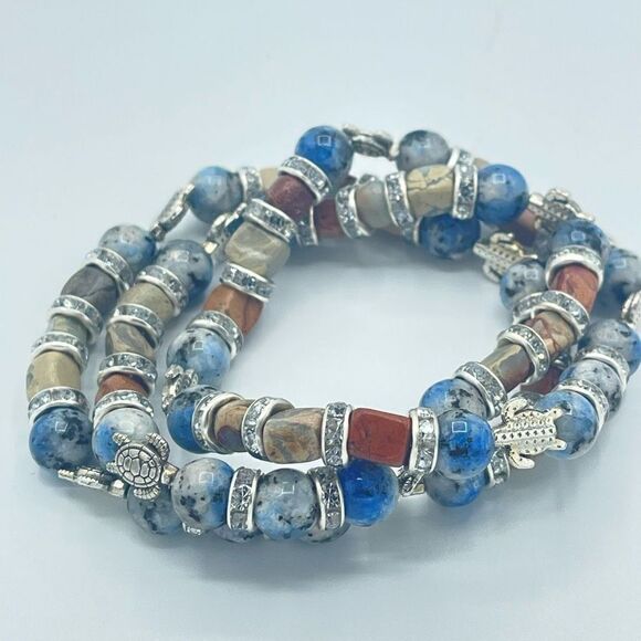 Sea Turtle K2 Picasso stone jasper crystal beaded stretch bracelet ONE NEW rhine - Picture 5 of 8